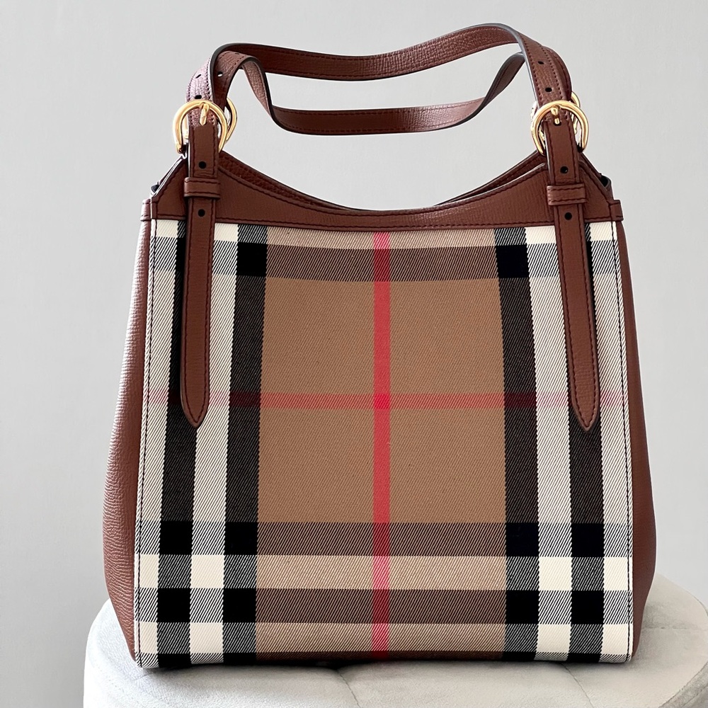 Burberry House Check Derby Leather Tote Bag in Tan - Picture 2 of 12